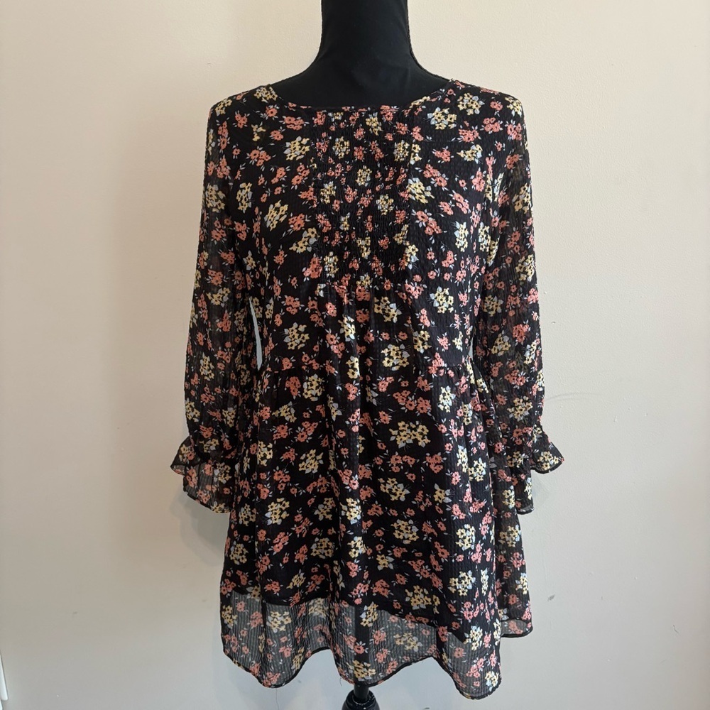 Free People Black Comb Ditsy Floral 3/4 Sleeve Ruched Babydoll Mini Dress Tunic - Picture 2 of 9